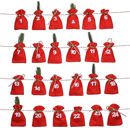 eLander Weihnachtskalender Bastelset Adventskalender 24 Filz Säcken + 8 Weihnachts Rohr + 8 Kiefer + 8 Bell + Schnur