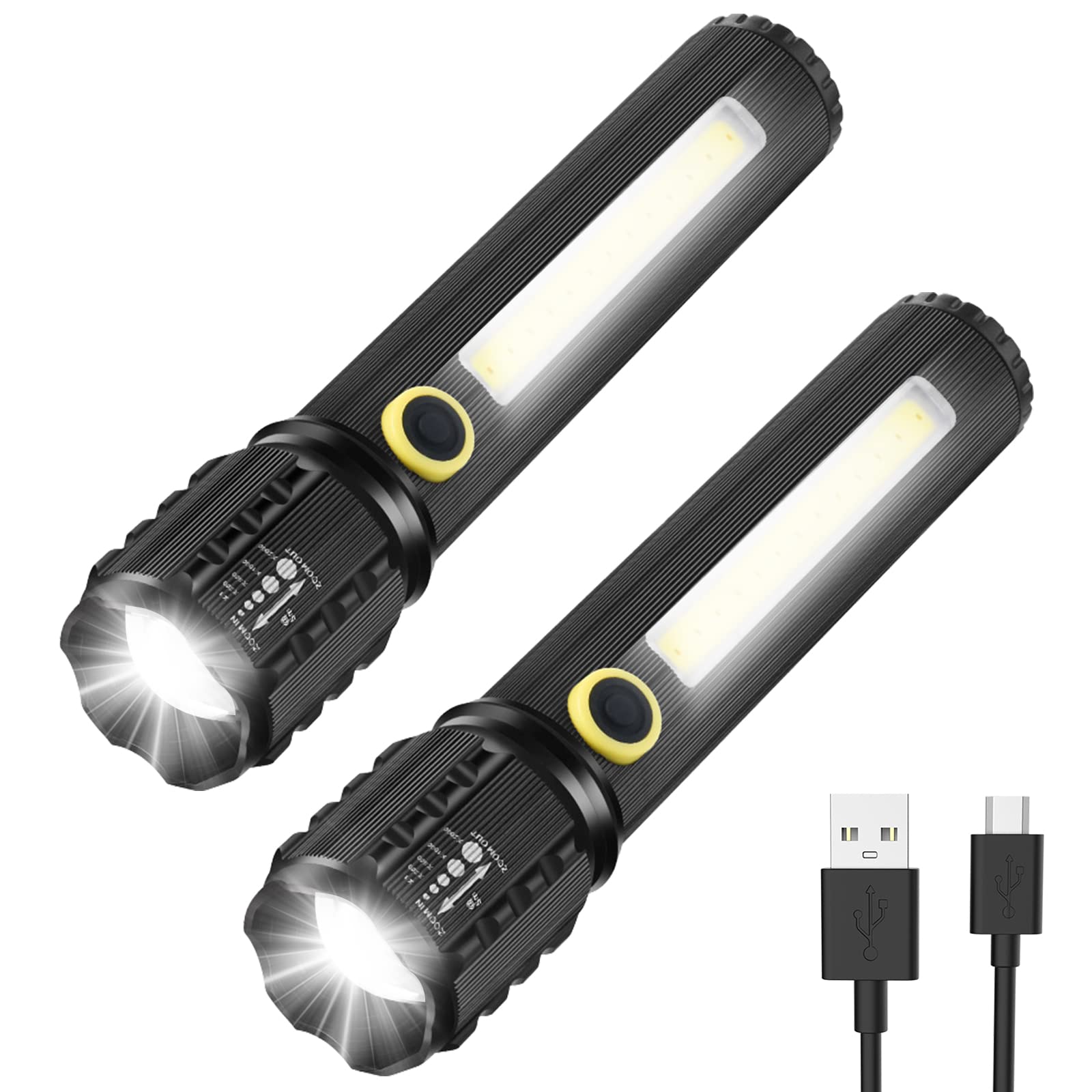LED Torch Rechargeable, GeeRic 2PCS Professional Flashlight USB Super Bright Zoomable Mini Torch IP67 Waterproof 3 Modes Portable Flashlights for Camping, Hiking, Outdoor, Emergency Medium
