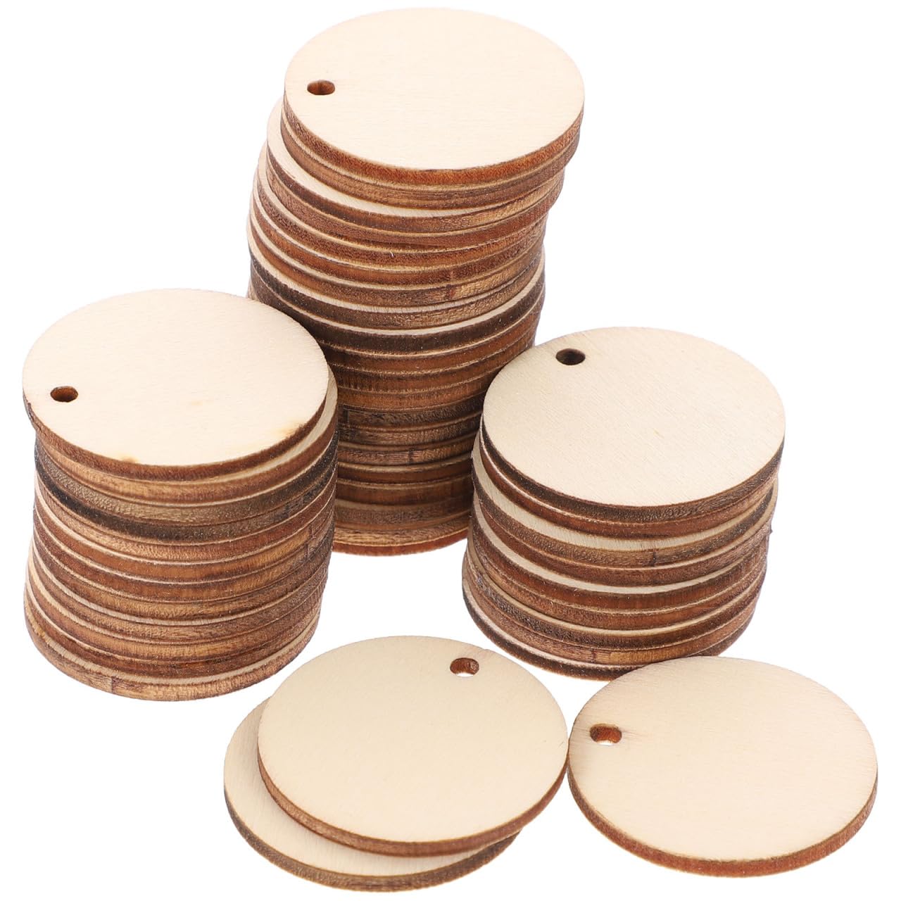 CAXUSD 50Pcs Round Wood Slice with Hole 1.18 Inch DIY Wood Pieces for Scrapbooking Painting Tags Home Decoration Crafts