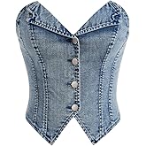WDIRARA Women's Button Down Denim Tube Tops Y2k Asymmetrical Crop Top Sleeveless Strapless Bandeau