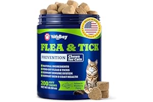 YoYoBay Flea and Tick Prevention for Cats - 200 Soft Chews Natural Cat Flea Treatment, Salmon & Blueberry Flavor - Flea Treatment for Cats, Cat Oral Flea, Immune Support Supplement (200 Chews)