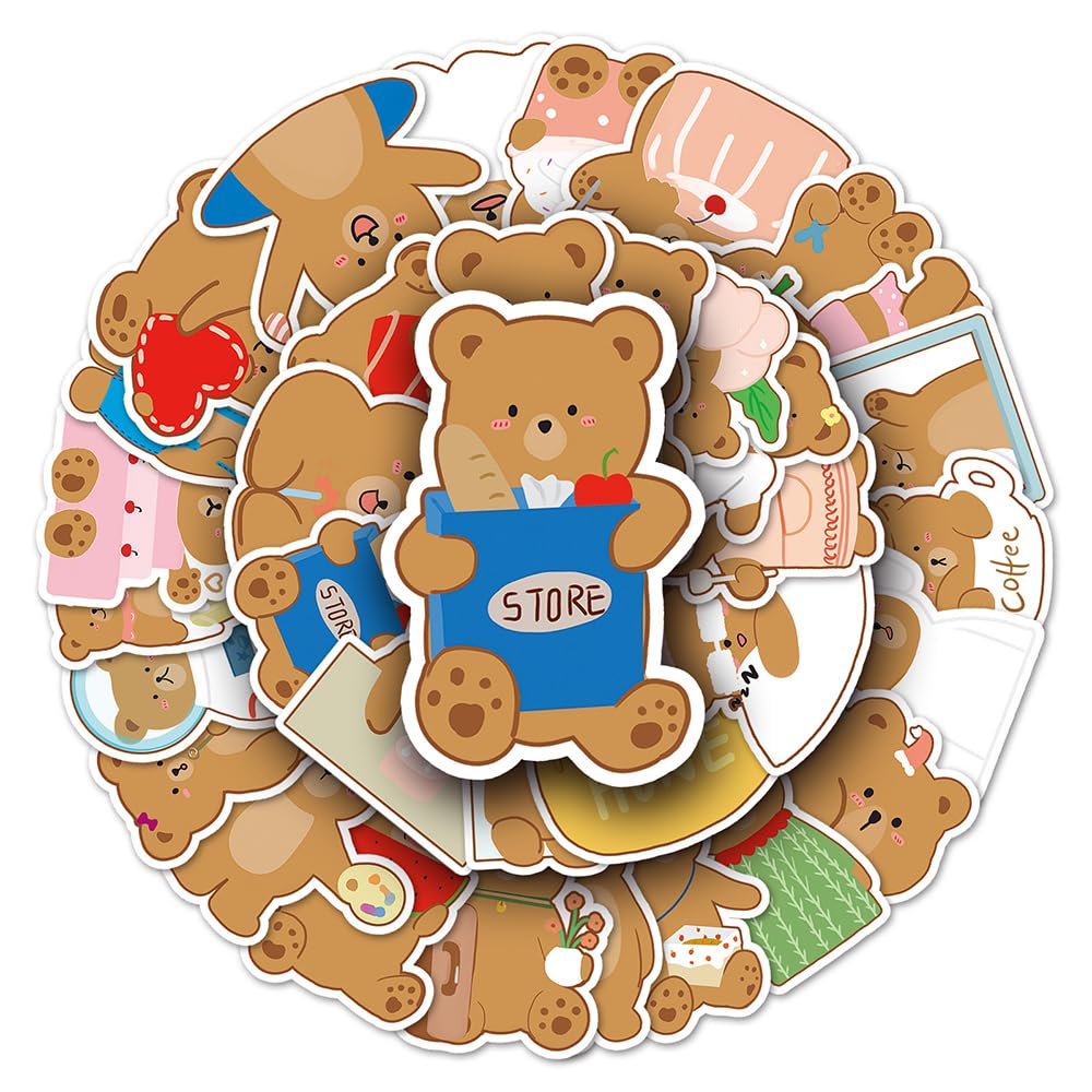 Lovely Bear Vinyl Stickers, 50 PCS Waterproof Illustrated Animal Decals for Laptops, Scrapbooking, Journals, Notebooks, Water Bottles, Suitcases, Phones & DIY Decor
