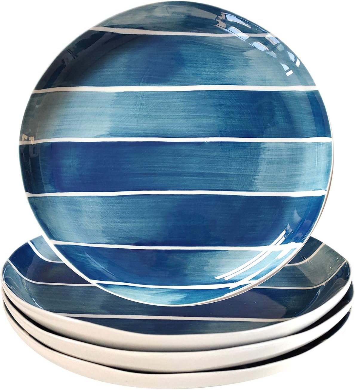 Senliart Teal Blue Dinner Plates, Striped Colored Ceramic Plates 8.25 inch, Set of 4