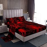 Gothic Skull Bed Sheets Red and Black Skeleton Sheet Set Full For Boys Teens Men Women,Psychedelic Goth Skull Bedding Set Trippy Smoke Halloween Fitted Sheet + Horror Flat Sheet + 2 Pillow Cases