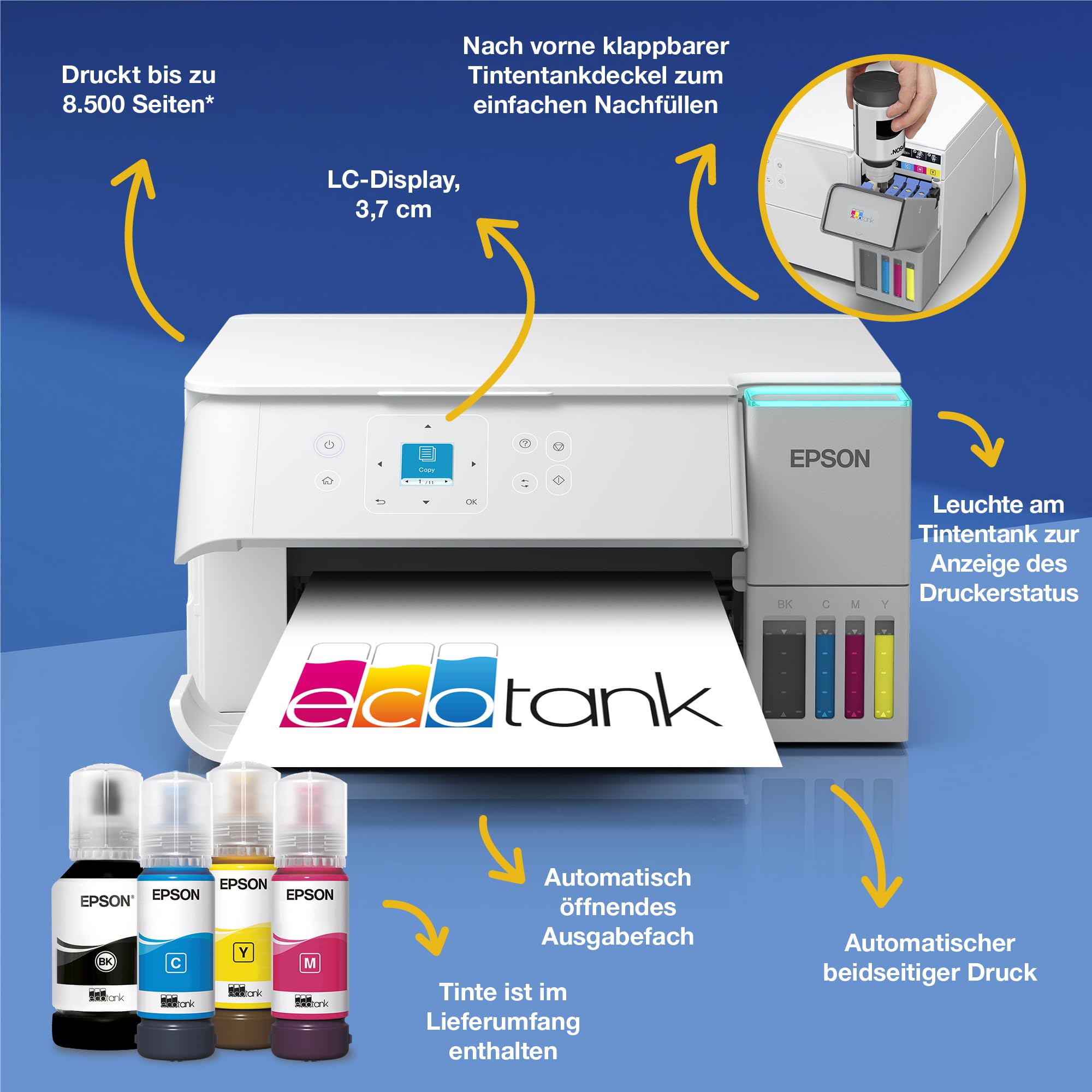 Epson EcoTank ET-2959 Tintentankdrucker | für vielbeschäftigte Haushalte | WLAN | A4 | Drucken, Kopieren, Scannen | 3.7 cm LCD-Display | Duplexdruck | inkl. Tinte für bis zu 3 Jahre 2