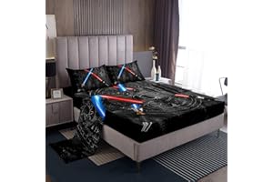 CASTLE FAIRY Lightsaber Bed Sheets Twin Size 3D Neon Blue Red Bedding Set 3Pcs Geometric Sun Moon Round Sheet Set for Kids Boys Girls Teens Room Decor Fashion Vintage Stone Wall Fitted + Flat Sheet,Black