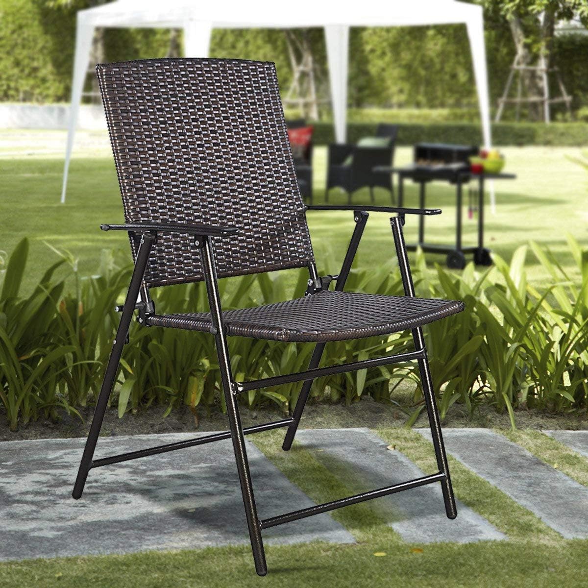 COSTWAY HW51584 P 4 PCS Folding Patio Outdoor Pool Lawn Portable Wicker Armrest & Footrest Durable Rattan Steel Frame Commercial Foldable Stackable Party Wedding Chair Set (24X23X, Mix Brown: Kitchen & Dining