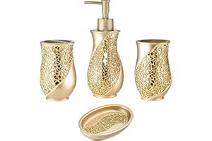 Zahari Home 4pc Sinatra Stylish Bathroom Accessories Set Champagne Gold Soap Dispenser Pump, Tumbler, Tooth Brush Holder and Soap Dish Modern Decor Bling Mosaic Glass Gold Bathroom Accessories