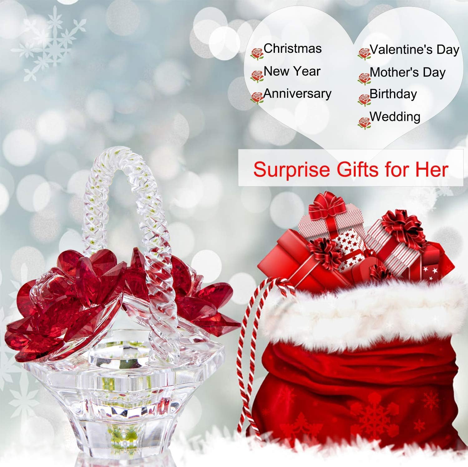 H&D HYALINE & DORA Cyrstal Rose Vase Figurine Glass Rose Ornament,Crystal Basket of Flowers Paperweight,Gift for Mom - Image 3