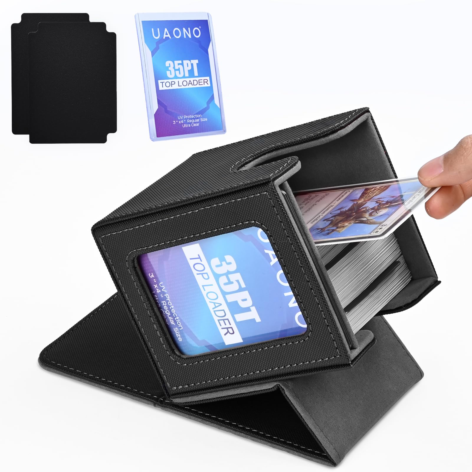 UAONO Card Deck Box with MTG Commander Display, Patented Design Card Deck Case Holds 100+ Double-Sleeved Cards, PU Leather Cards Storage Box for TCG with 2 Dividers, 1 Top Loader (Black)