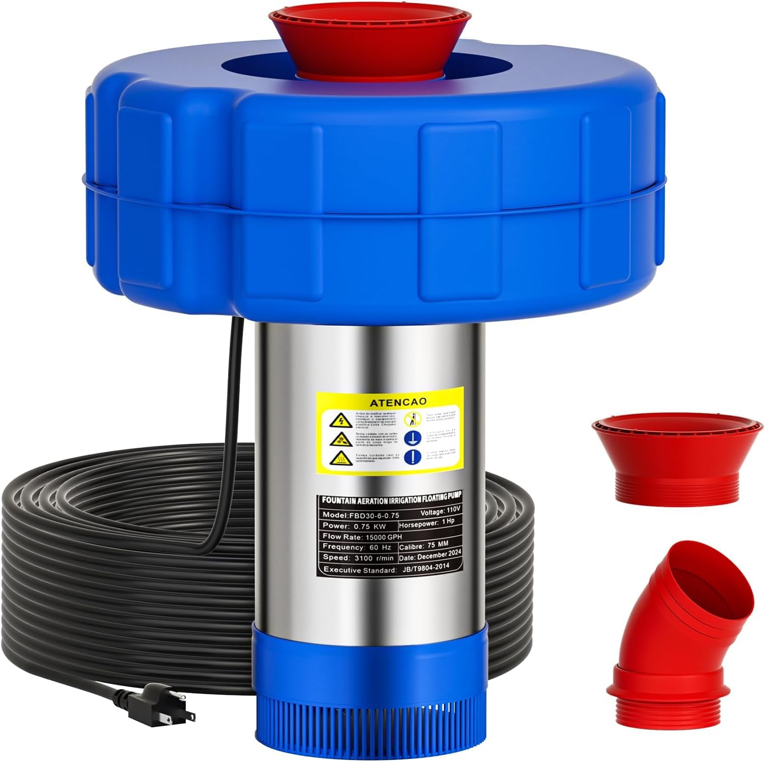 View 1 of 15000 GPH Pond Fountain Aerator - Fully Automatic 110V, 750W (1HP) Floating Fountain and Pond Aerator for Large and Small Outdoor Ponds and Lakes - Pond Fountain with 100 Feet Power Cord.