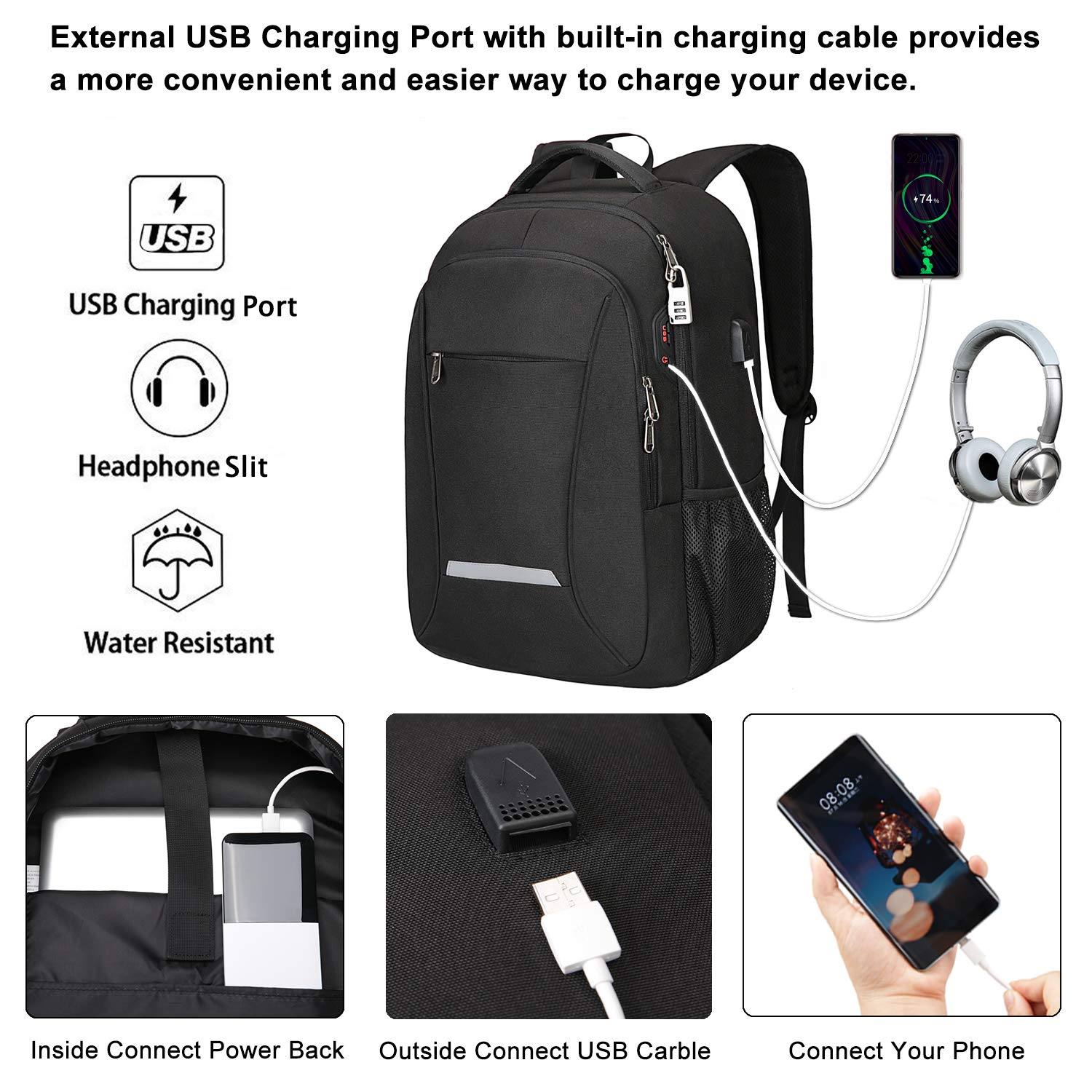 XQXA Laptop Backpack, Travel Business Backpack for Men & Women with USB Charging Port, Water Resistant Anti Theft School College Computer Back Pack Bag Fits Up to 17 Inch Notebook - Black