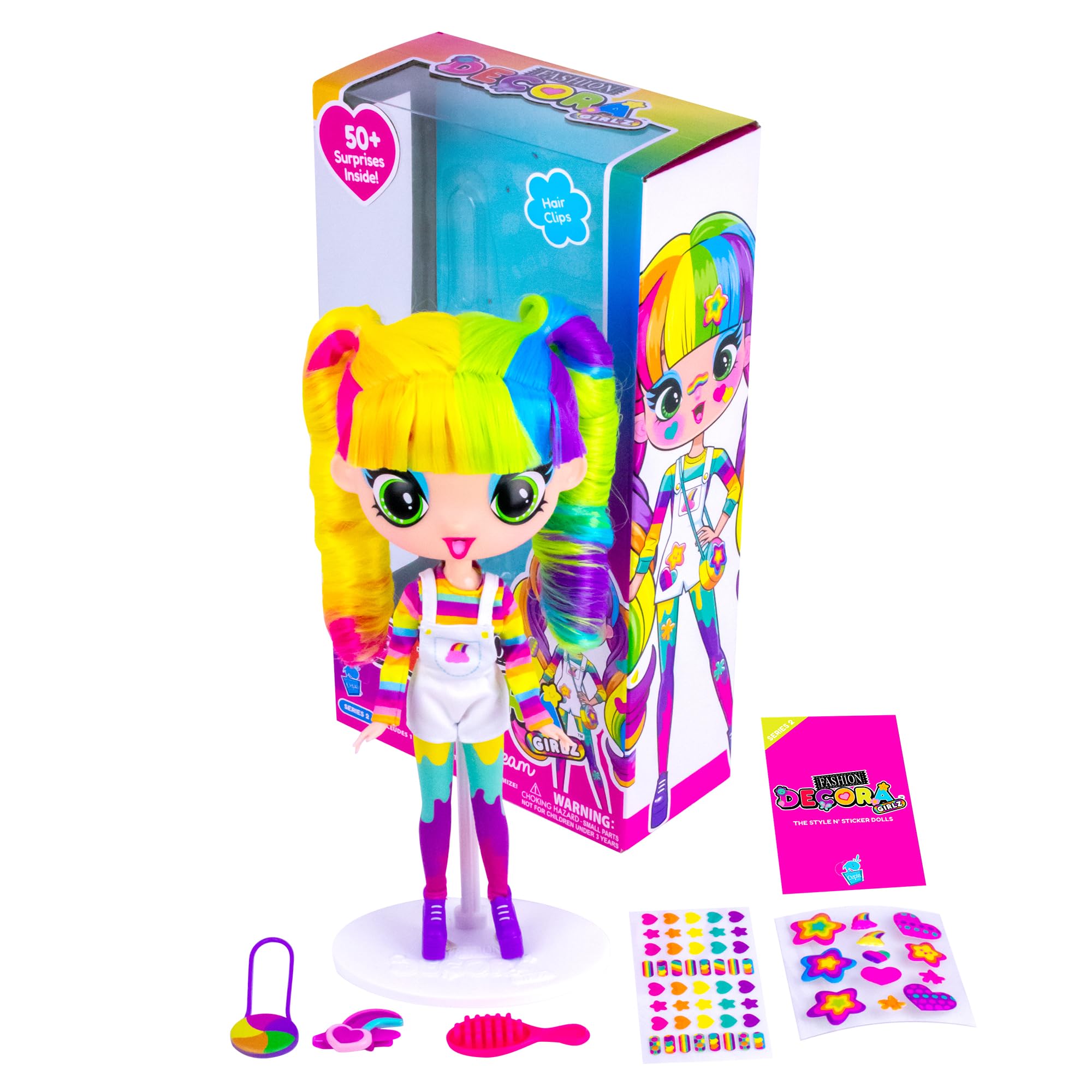 Decora Fashion Girlz Series 2– Decora Dream – 11” Fabric-Costumed Posable Vinyl Doll with Extra-Long Rainbow Hair, 50+ Surprises, Puffy & Flat Removable Stickers, and Accessories
