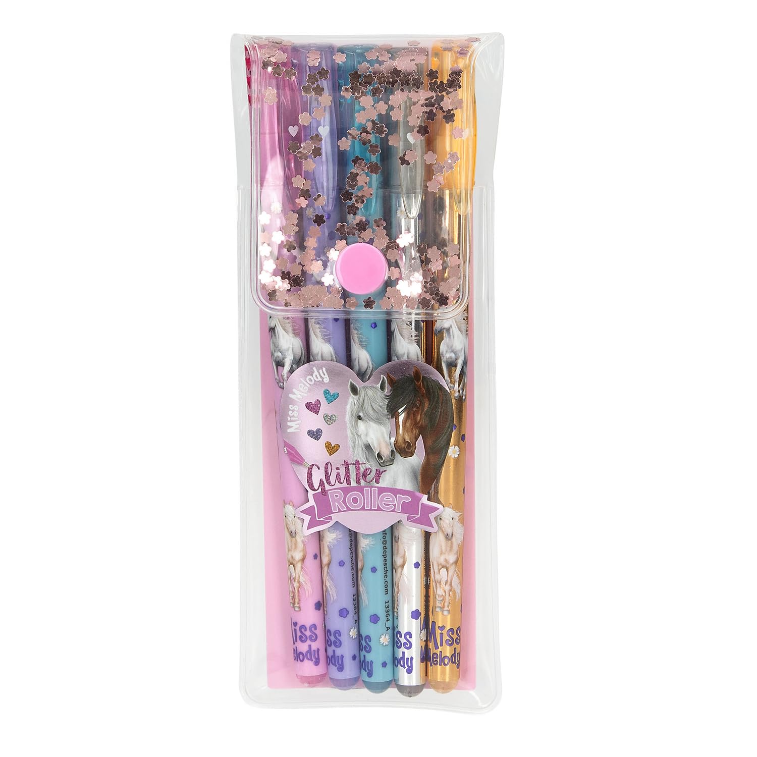 Depesche 13364 Miss Melody Glitter Gel Pen Set in Transparent Pouch with Press Stud Closure, 5 Pens in Glitter Colours for Writing and Decorating