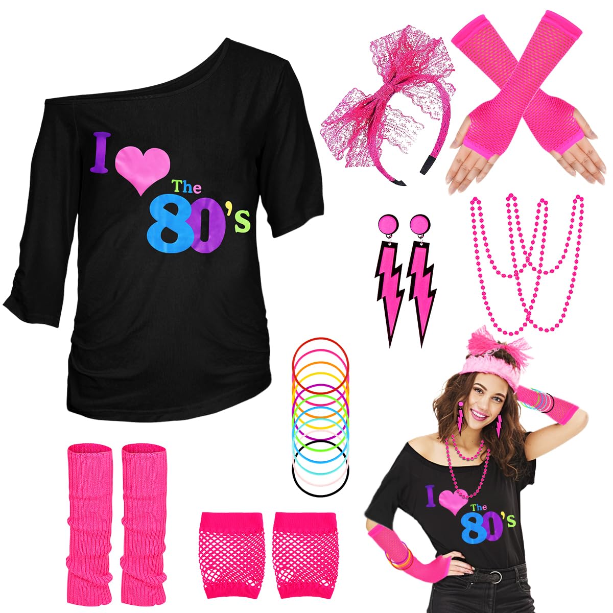 WILDPARTY 80s Fancy Dress For Women, I Love 80s T-Shirt, Leg Warmers, Necklace, Fishnet Gloves, Earrings, 1980s Costumes Neon Accessories for Retro Theme Party Cosplay — image 1