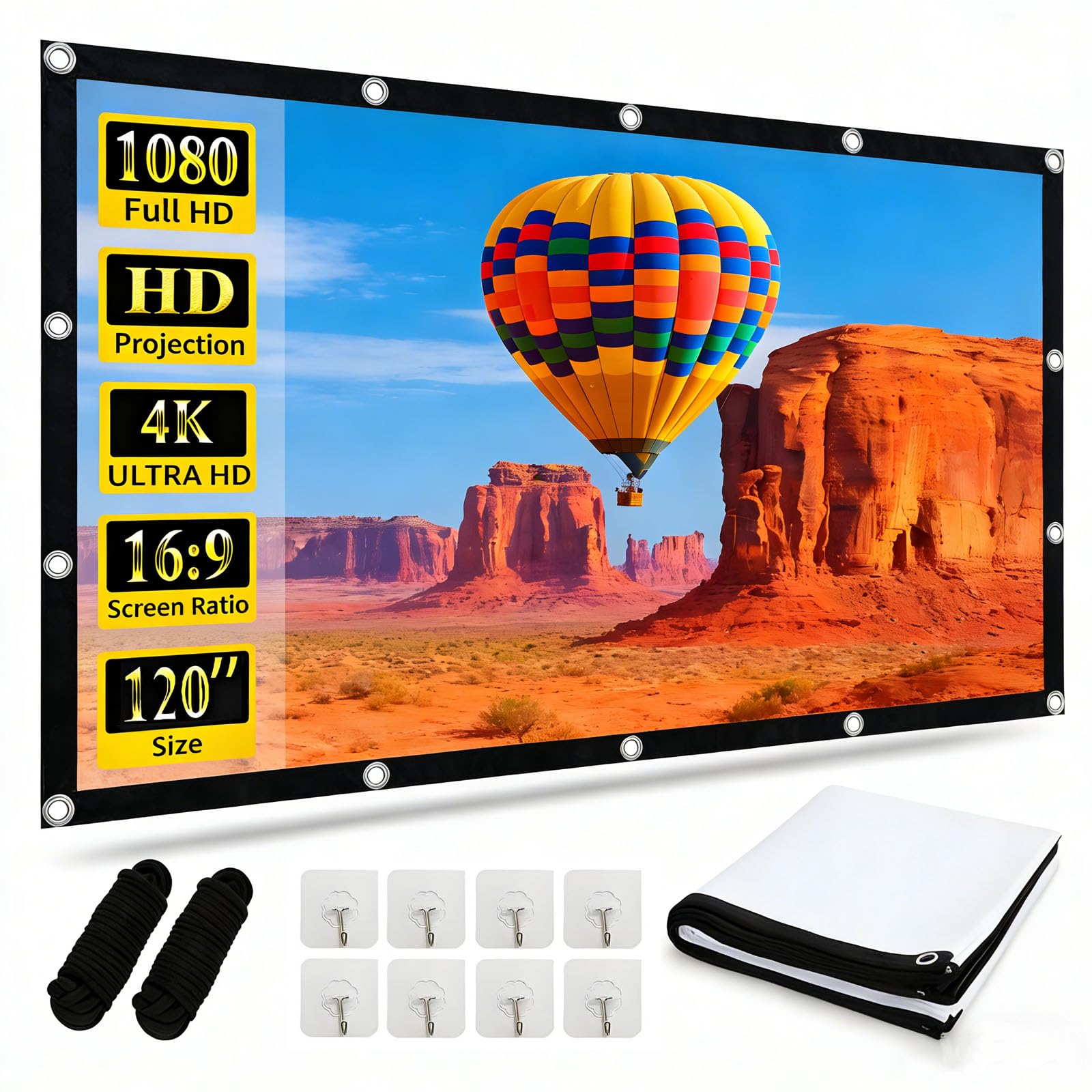 Projector Screen 120 Inch, Yingstar 16:9 HD Double Sided Projection Screens, Anti-Crease Foldable Portable Projector Screen For Outdoor Cinema Garden Home Indoor Camping Theater Office