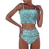 RXRXCOCO Womens Shirred Bandeau Bikini Cute Two Piece Swimsuit Off Shoulder High Waist Bathing Suit