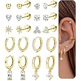 Florideco Hypoallergenic Flat Back Earrings Gold Cartilage Earring Sets for Multiple Piercing Surgical Stainless Steel Earrings for Women Trendy Earring Stacks Small Hoops Flat Back Stud Earrings