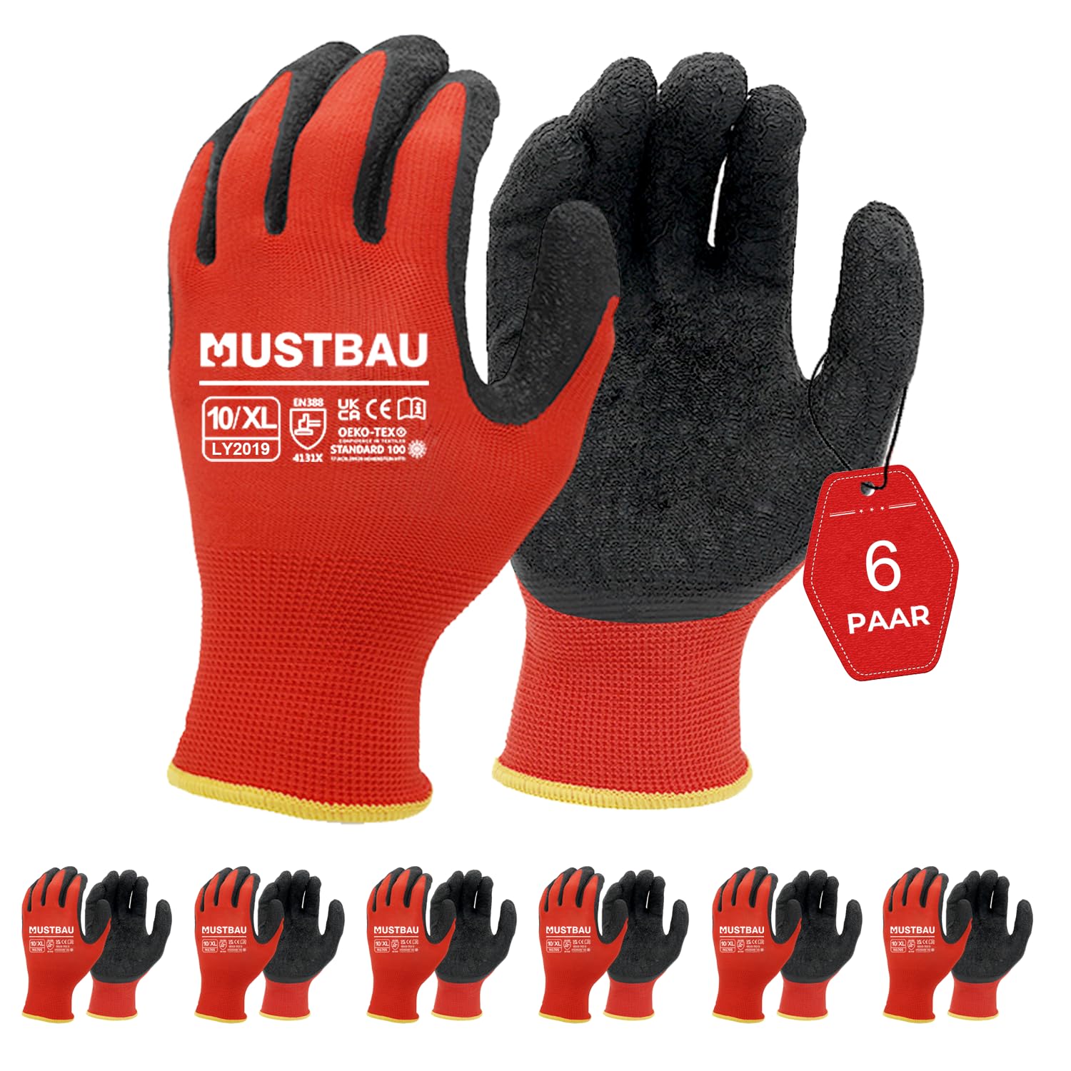 Mustbau 6 Pairs Safety Work Gloves, Gardening Gloves, Breathable Seamless Knit Gloves, EN388 Latex and Polyester Coating, Non-Slip Working Gloves Hand Protector for Mechanics, Construction-XL