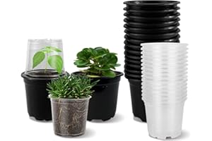 RAOOKIF Nursery Pots Variety Pack (15 Pcs 4" Black Pot+15 Pcs 3.5" Clear Pot), 30 Pack Small Plant Pots with Drainage Holes, Nursery Pots with Clear Humidity Dome