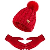 Women Winter Beanie Hat Gloves Set Pom Hat with Warm Fleece Lined Touchscreen Gloves for Cold Weather