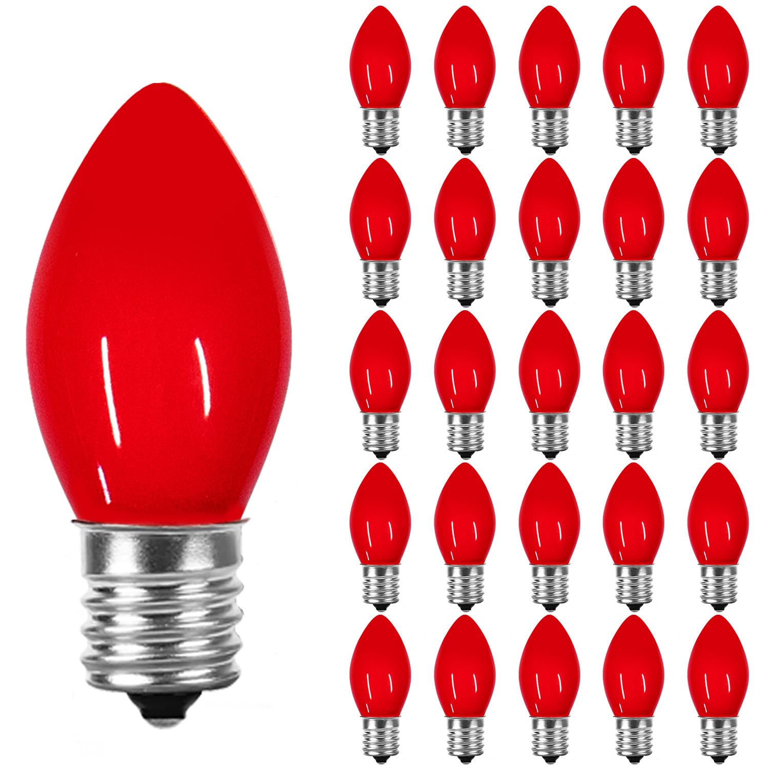 Photo 1 of 25 Pack C7 Red Ceramic Incandescent Replacement Bulbs, 5W Warm White 2200K, E12 Candelabra Base, Waterproof C7 Night Light Bulbs for Vintage Christmas Lights Outdoor Indoor Home Party Decorations