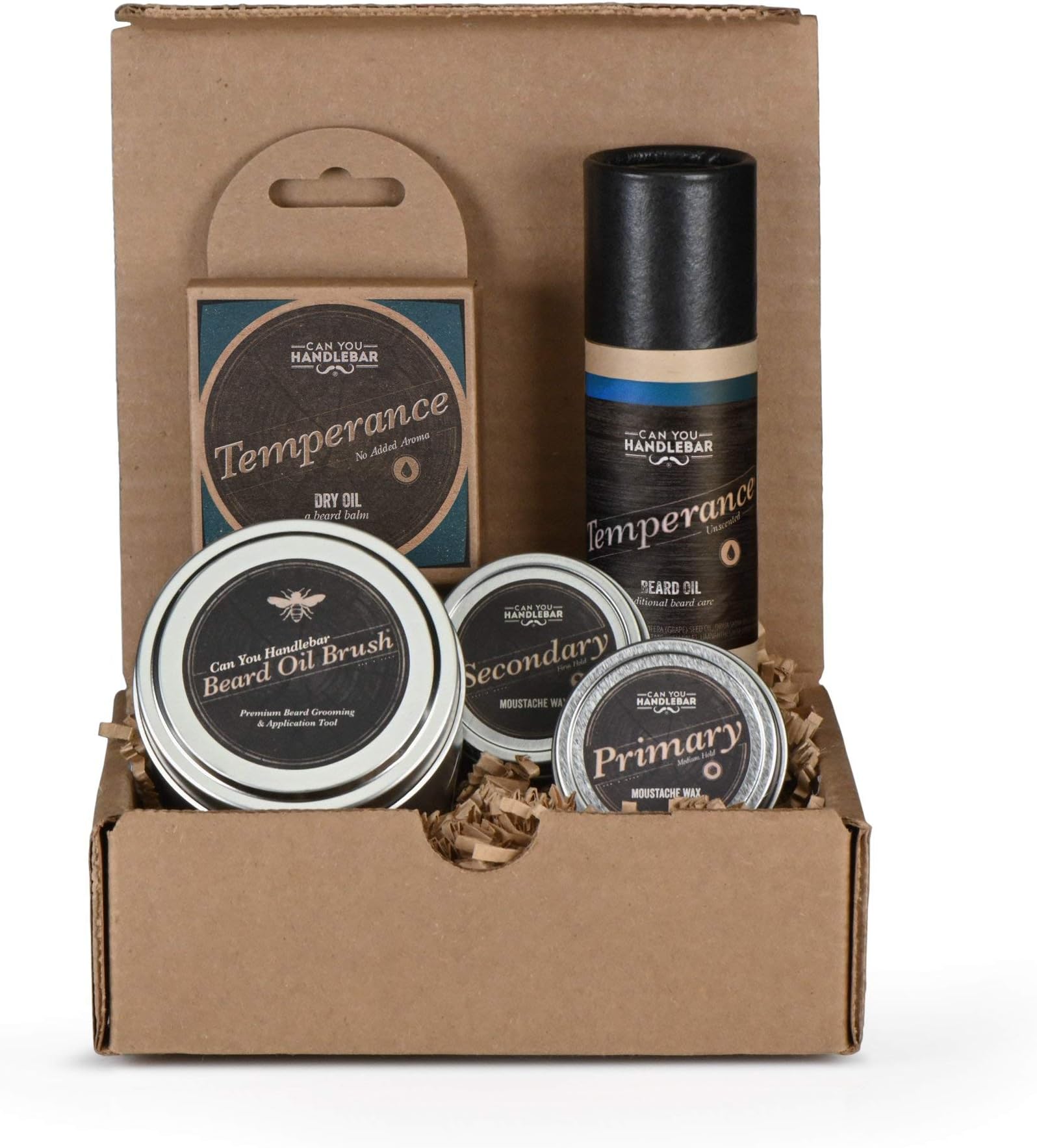 Beard Kit for Men - (Temperance Unscented Fragrance-Free) - Mens Beard Balm Set with Can You Handlebar Beard Oil Brush® Beard Balm, Beard Oil, Medium and Strong Hold Moustache Waxes | Made in The USA