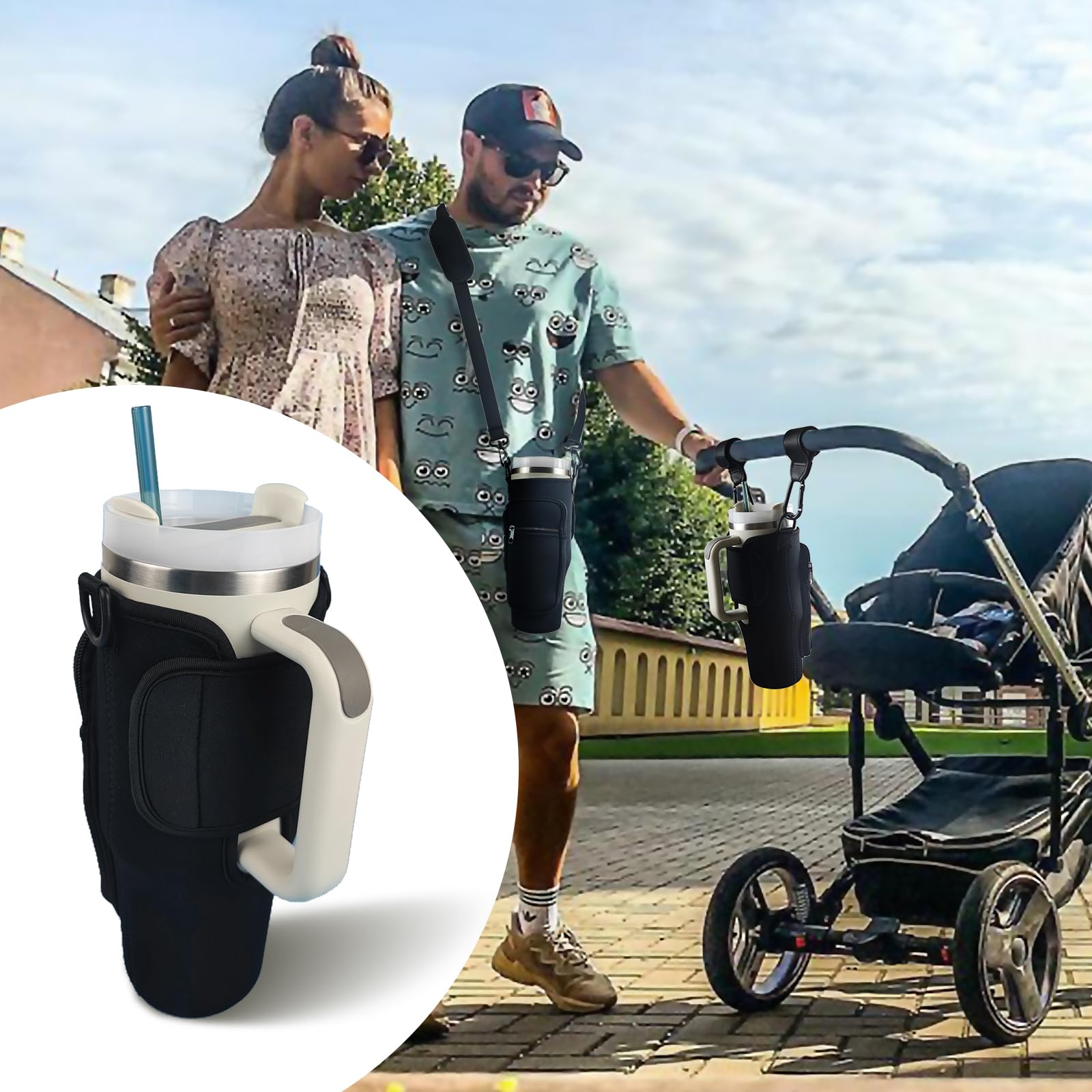 UXIETIN Stroller Cup Holder Compatible with Stanley,Stroller Cup Holder with Adjustable Strap and Pouch Taking Everywhere,Accessories for 30/40oz Stanley Cup