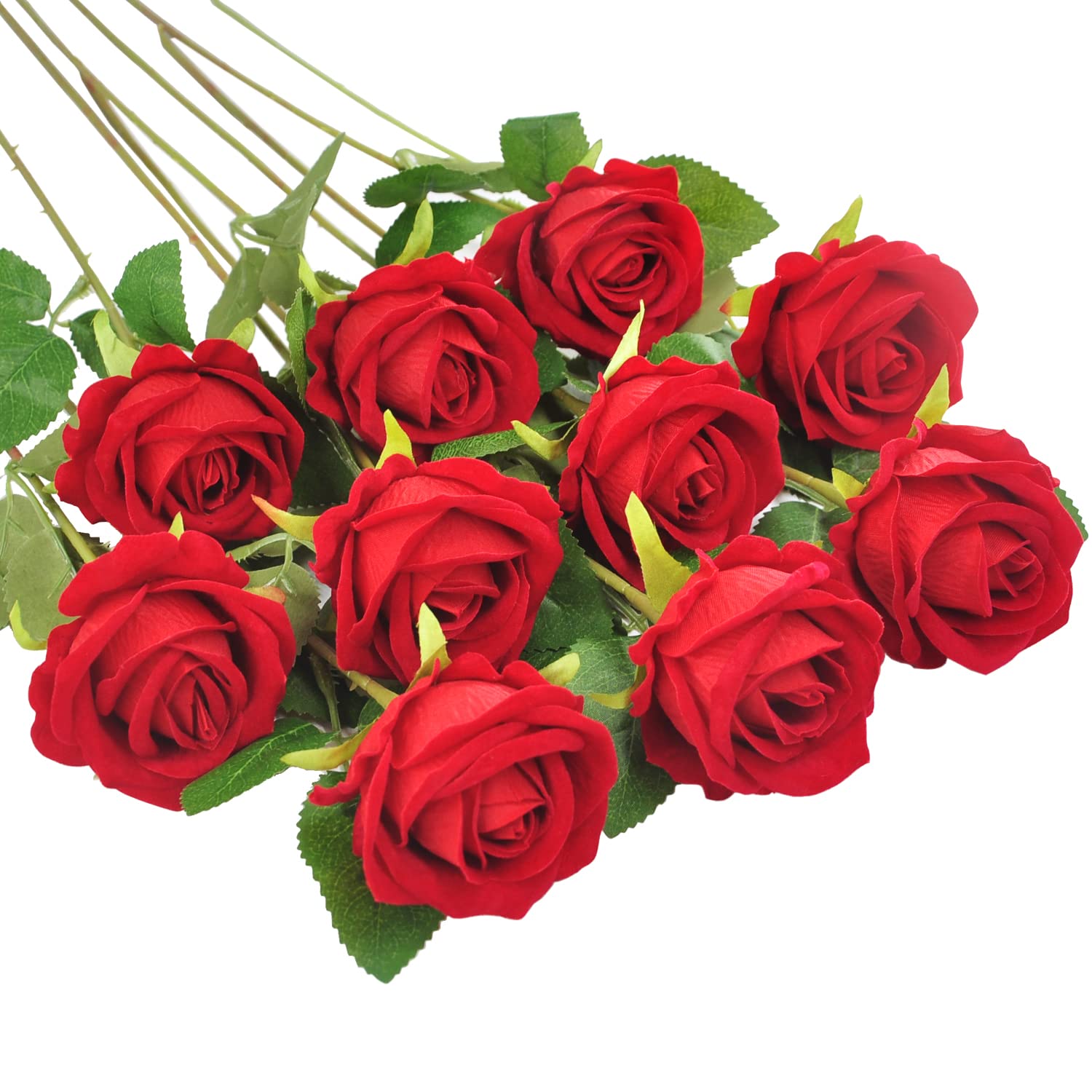Huspox Fake Roses Artificial Flowers with Long Stem for Decoration Bouquet Wedding Floral Arrangement 10pcs (Red) — image 1