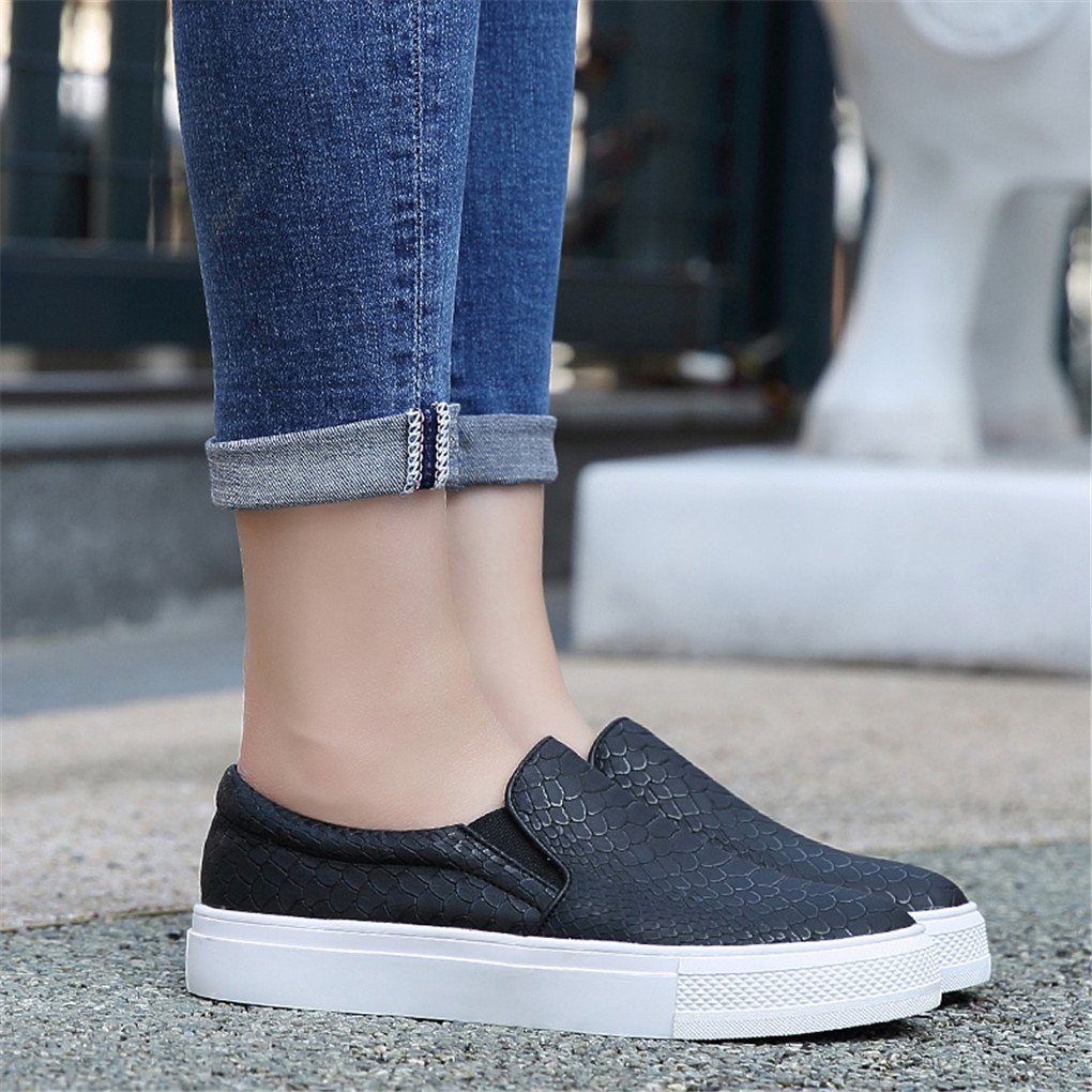Ruiatoo Women\'s Fashion Slip-on Sneakers Snake Print Comfortable Leather Flat Shoes Black 37