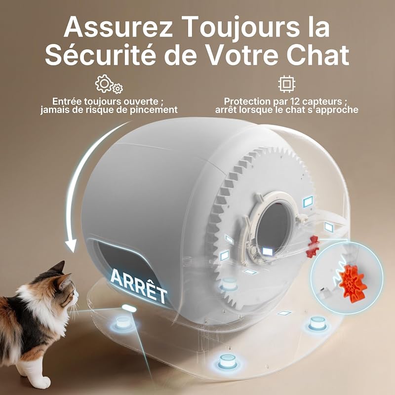Purobot Max 3 Litiere Chat Autonettoyante, Grande Ouverture, Double Désodorisation, Anti-fuites/Pincement, xSecure, Contrôle APP, Capacité 76L,Tapis Anti-adhérent 3.0, pour Plusieurs Chats