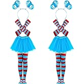 Mototo 8 PCS Tulle Tutu Costume Accessories Set, Blue 3 Layered Tulle Tutu Skirt Striped Socks Headband Gloves For Halloween