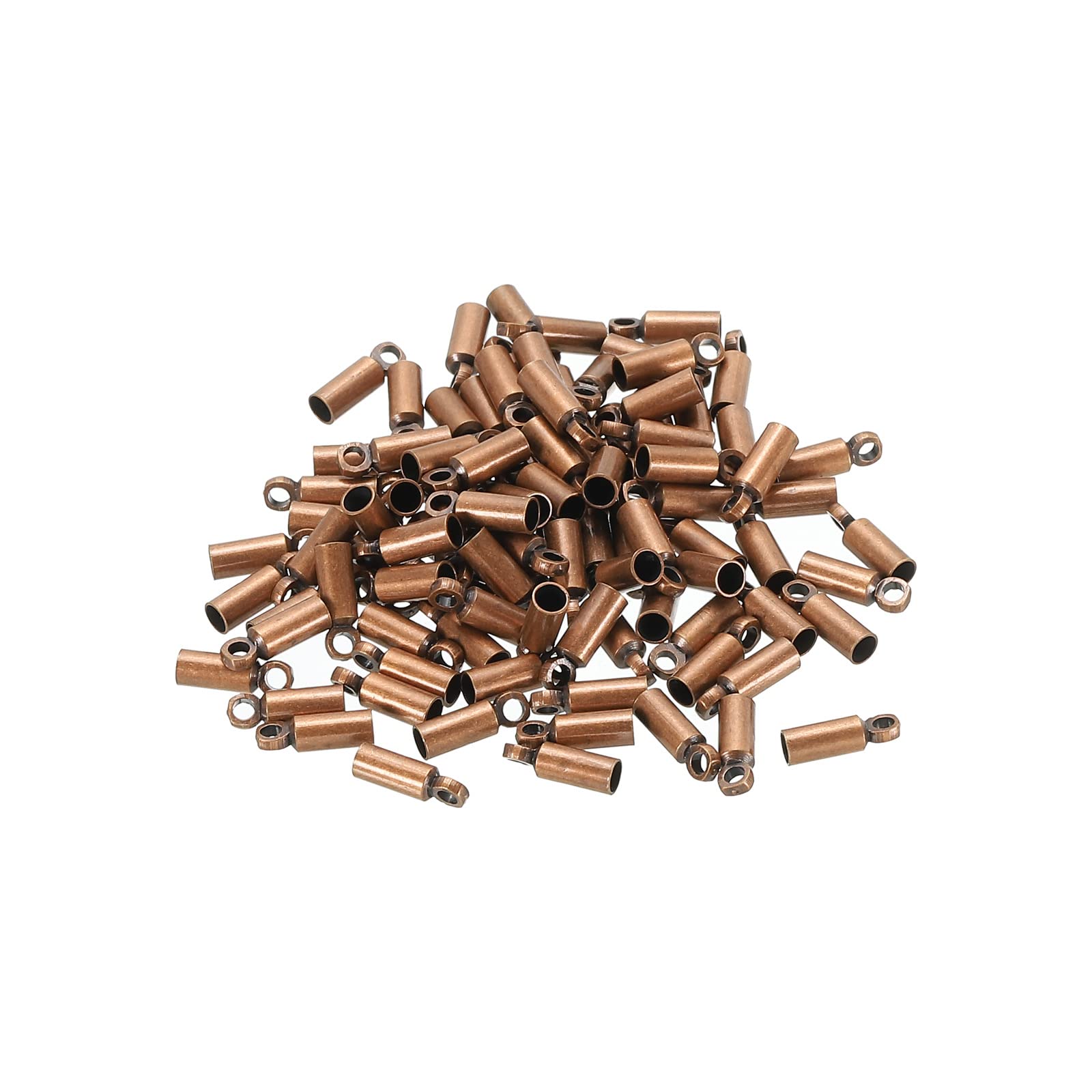 PATIKIL 100Pcs Cord End Caps 2mm End Cap Barrel Beads Kumihimo End Caps Brass for Leather Cord, Tassels, Jewelry Making 2.5mm Length Copper Tone