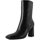 Eldof Ankle Boots Women Chunky Heel Square Toe High Heeled Gogo Short Booties Side Zipper 3 Inches
