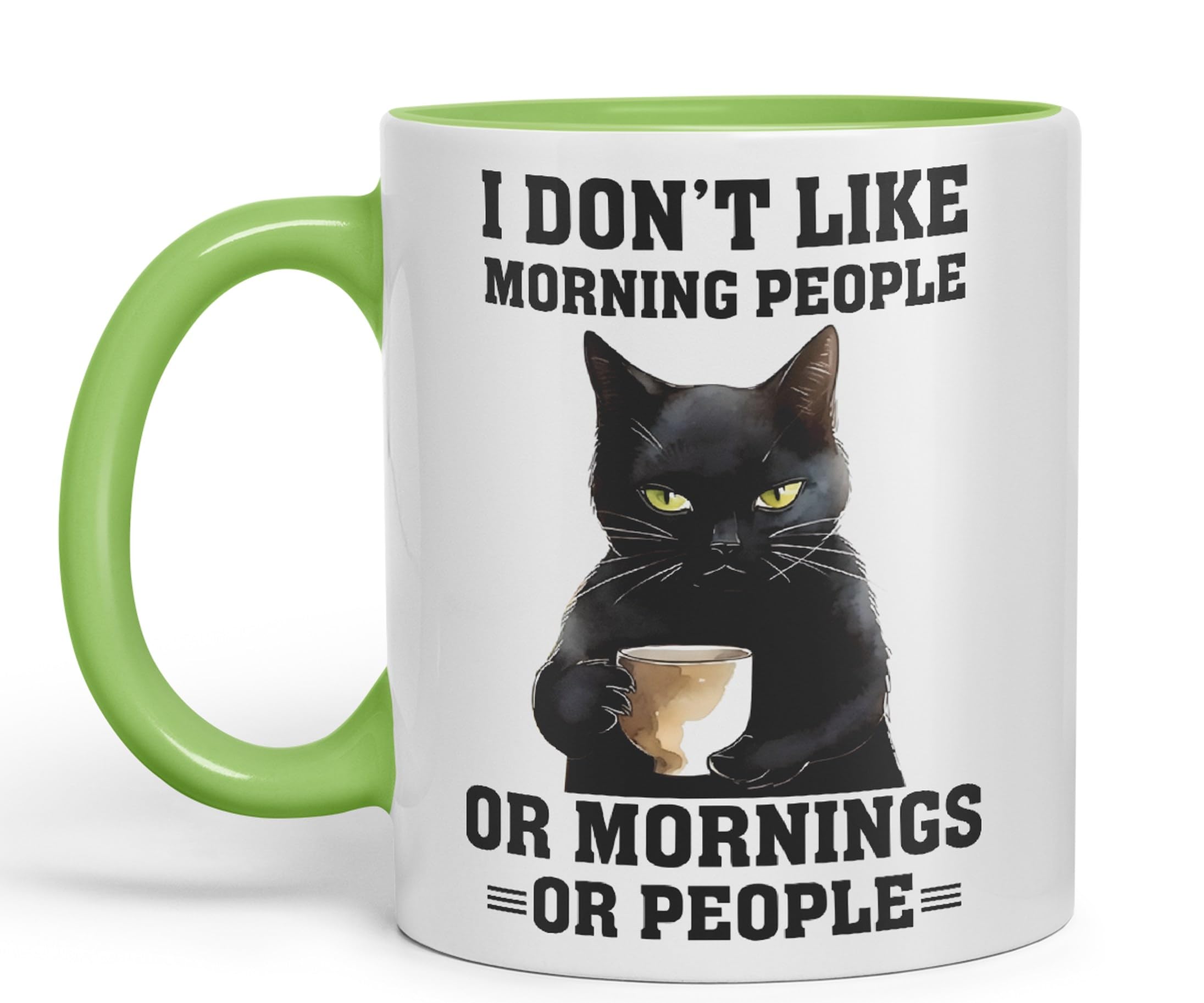 Vixar I Don't Like Mornings People cat Cats Sarcastic Joke Ceramic Coloured Mug Cup for Tea Coffee Hot Brew 330ml 11Oz (L Green)
