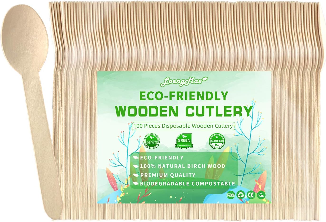 LoengMax Disposable Wooden Spoons-100PCS 6" Length-Wood Cutlery-Eco Friendly-100% Compostable Biodegradabl-Natural Wooden Utensils: Home & Kitchen