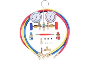 JIFETOR 3 Way AC Manifold Gauge Set, HVAC Diagnostic Charging Tool for Auto Household R404A R134A Refrigerant with R134A Quick Couplers 3FT Charging Hose Can Tap Adapter Valve Core Tool