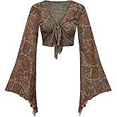 Floerns Women's Paisley Print Bell Long Sleeve V Neck Tie Front Boho Blouse Crop Tops