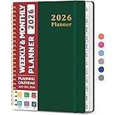 2026 Planner, Weekly and Monthly Calendar Planner, January 2026 - December 2026, Hardcover 2026 Calendar Book with Tabs For Women & Men, Inner Pocket, Spiral Bound, Perfect for Office Home School Supplies - A5 (6.3" x 8.5"), Dark Green