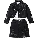 WDIRARA Girl's 2 Piece Outfits Ripped Button Down Jacket Elastic Waist Denim Skirt Set