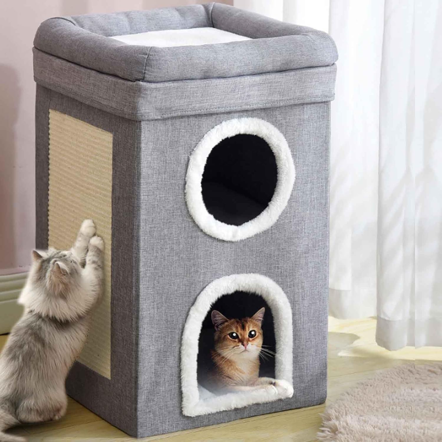 wenichee キャットタワー ドーム型ベッド 折り畳み 猫 ハウス 組立簡単 多機能 爪とぎ付き 猫の家 冬用 暖かい 省スペース 寒さ対策 犬猫兼用 ペット用ハウス 保温防寒 猫用寝床 キャットハウス 室内用 (グレー, 3段式-D) の商品画像