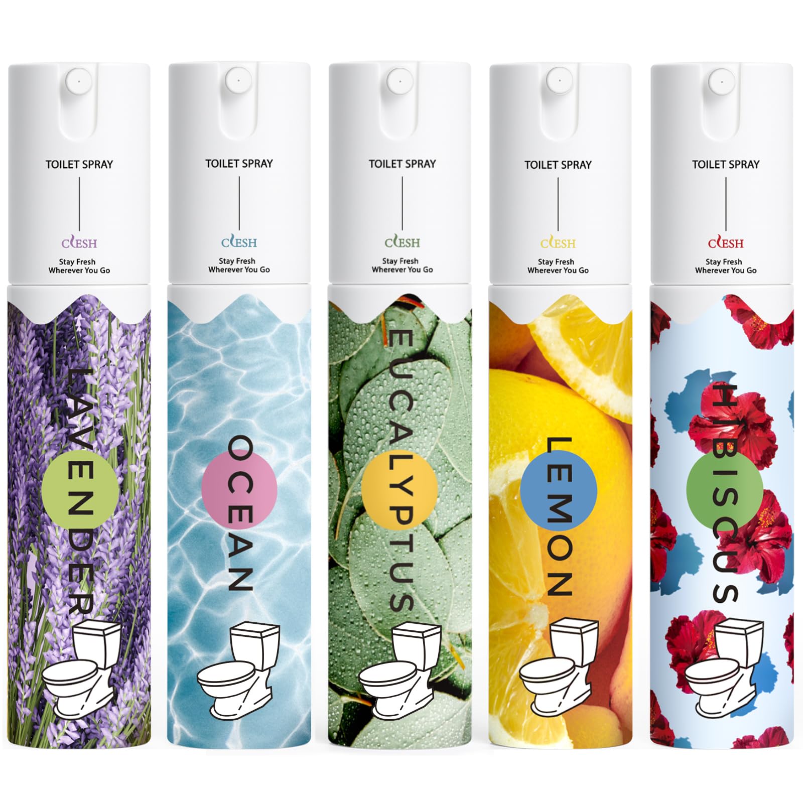 Photo 1 of Toilet Spray, Bathroom Odor Eliminator, 5 Pack, 1 fl oz Each, Up to 250 Uses, Travel Size, For Home and Travel, Essential Oils Freshener Spray, Ocean, Lemon, Lavender, Hibiscus, Eucalyptus