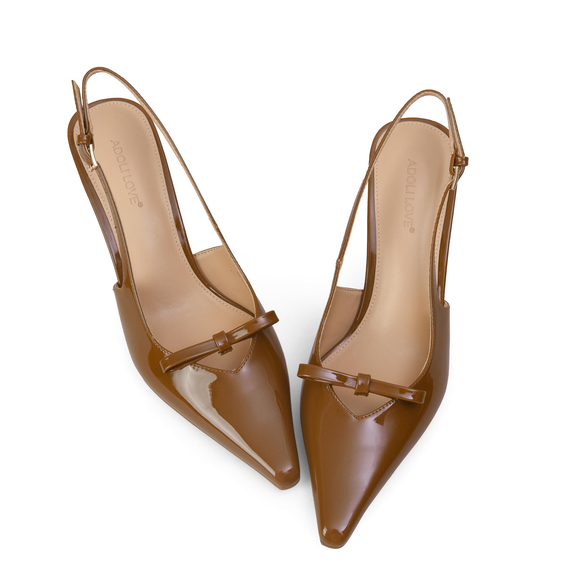 Photo 1 of ***(USED)***Adolilove Women's Bow Pumps 2.8 in Kitten Heels Closed Pointed Toe V-Cut Slingback Faux Patent Leather, Brown Pumps, Size 7
