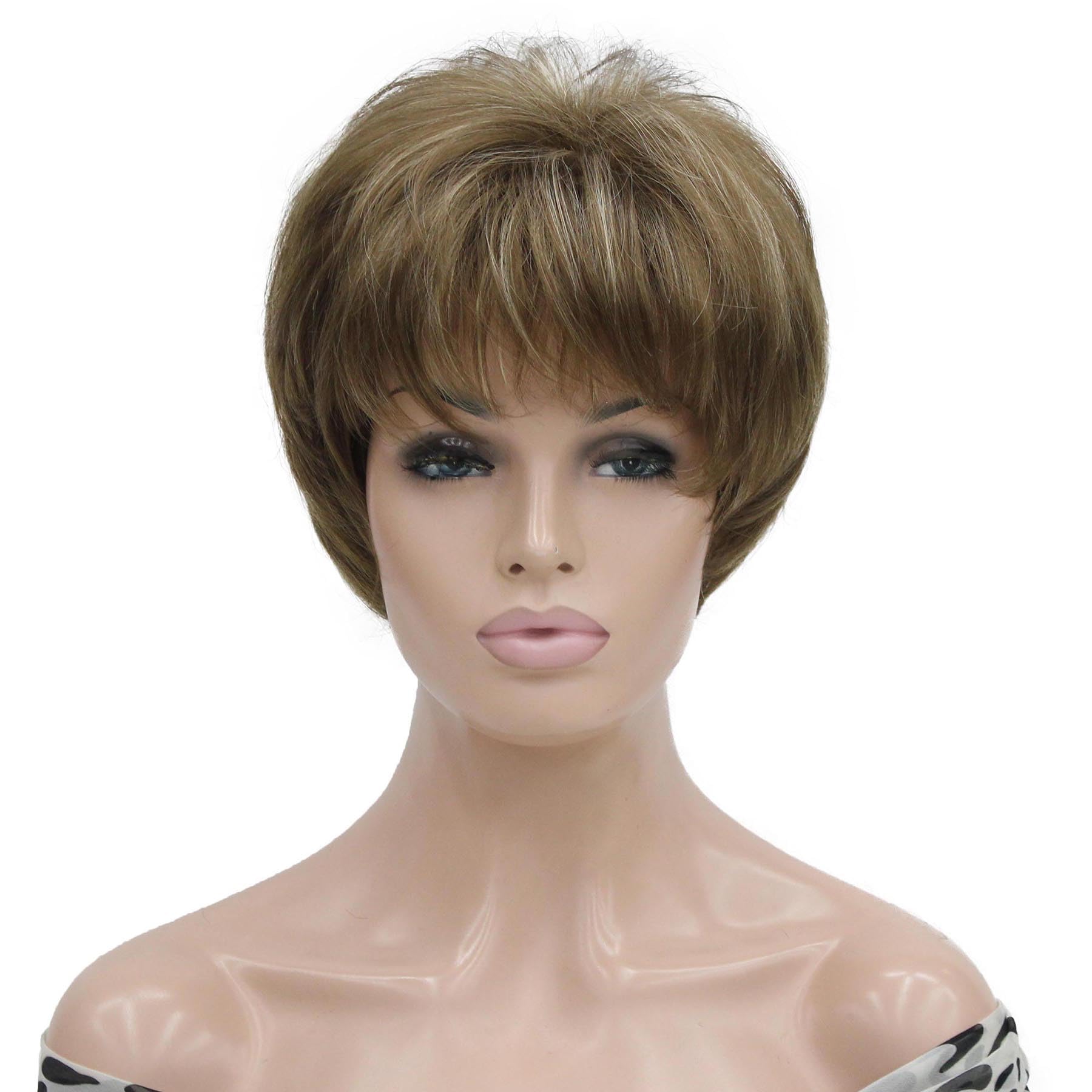 Lydell 6-8" Straight Short Bob Wig Layered Shaggy Flat Bangs Heat Resistant Synthetic Wigs Light Brown with Highlights