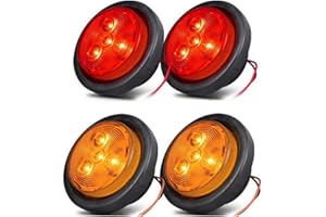 NEW SUN 2" Round Side Marker LED Trailer Lights, 4 Diodes 12V Red & Amber, Sealed Clearance Lights, Waterproof, with Grommet & 2-Pin Plug for Trailer, Truck, RV, Boat, Fender, 4 Pcs Pack