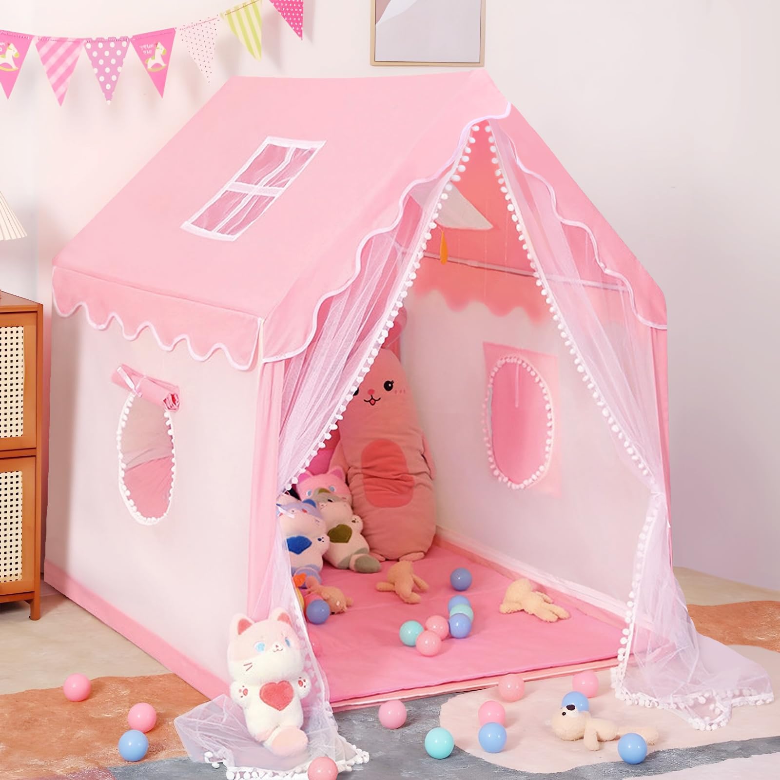 Kids Tent Play Tents for Toddler Children Indoor and Outdoor Large Pink Girls Princess Playhouse Castle with Windows Kids Room Furniture 47
