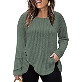VISLILY Womens-Plus-Size-Tops Trendy Tulip Hem Long Sleeve Shirts Casual Lightweight Knit Sweaters Cute Button Decor Tunics