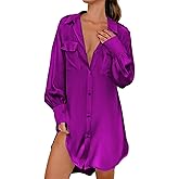 Ekouaer Women Satin Sleep Shirt Long Sleeve Nightgown Button Down Nightshirt Silk Sleepwear Soft Pajama Dress Sleep Dress