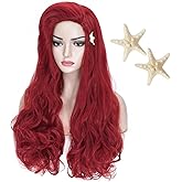 Max Beauty Curly Long Red Mermaid Wigs Daily Wig Hair Heat Resistant Synthetic Fiber for Halloween for Cosplay for Christmas (Dark Red + Starfish Hairpin)