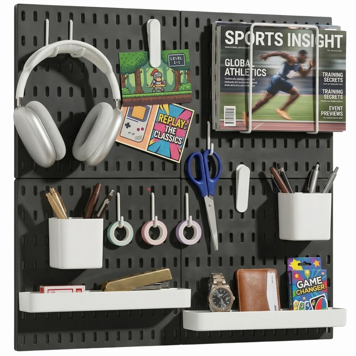 Keepo Pegboard Combination Kit, Pegboards and Accessories Modular Hanging for Wall Organizer, Crafts Organization, Ornaments Display, Nursery Storage, Peg Board (Black, 22″×22″)